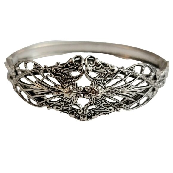 Silver Tone Filigree Victorian Style Tongue Clasp Bangle Bracelet - Picture 2 of 12